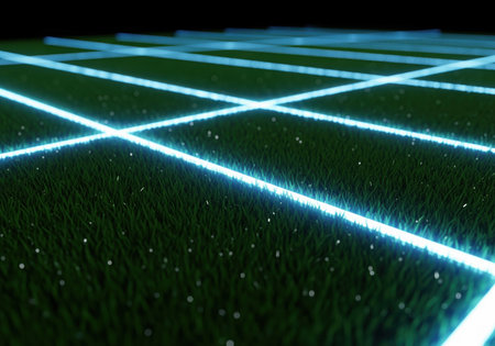 Dark green textured surface resembling a sports field covered with bright, futuristic, electric blue glowing grid lines and sparkling particles. abstract technology background concept.の素材