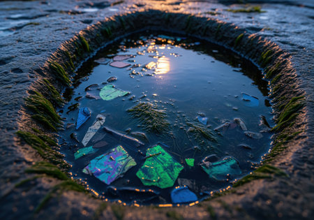 Dark rock pool on a rocky shore filled with water, algae, and colorful plastic debris. twilight reflection highlights severe environmental pollution and ocean litter.の素材