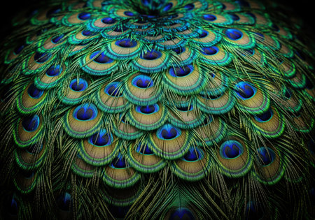 Detailed macro shot showcasing the stunning iridescent texture of vibrant green and blue peacock feathers clustered in a dense, abstract pattern.の素材
