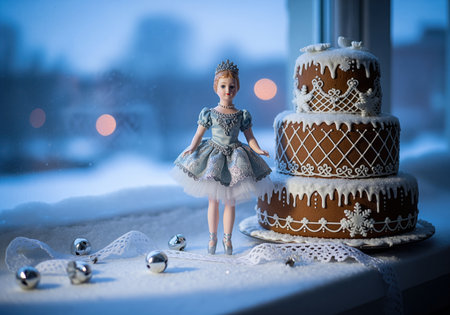 Porcelain ballerina doll wearing a pale blue dress stands next to a three tiered chocolate cake decorated with white icing and snowflakes, set on a snowy windowsill against a blurred winter night background.の素材