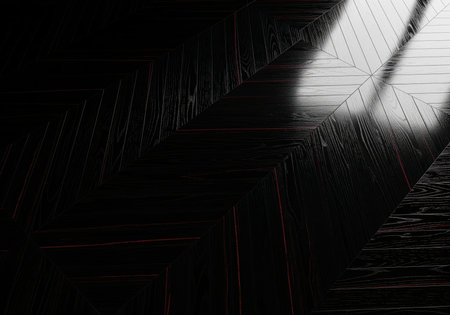 Luxurious dark hardwood floor texture featuring a glossy black chevron parquet pattern. dramatic diagonal light reflection highlights the polished surface, creating a high contrast, elegant background.の素材