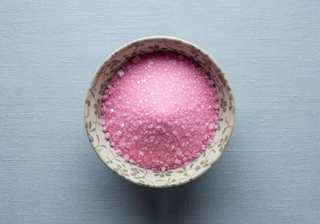 Shimmering pink sugar crystals piled high inside a small, delicate ceramic bowl adorned with a subtle floral pattern, isolated on a light blue textured surface.の素材
