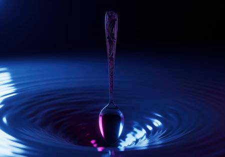 Highly polished chrome spoon standing vertically over a deep indigo liquid surface creating a swirling vortex. dramatic lighting with blue and magenta neon reflections enhances the surreal, abstract scene.の素材