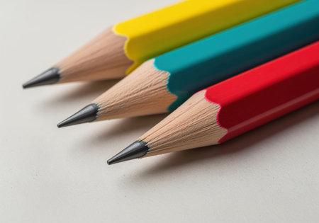 Three freshly sharpened pencils in bright red, teal, and yellow colors lying diagonally on a light surface. focus is sharp on the graphite tips, symbolizing education and creativity.の素材