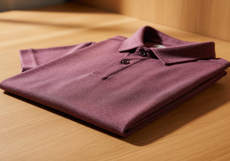 Burgundy men short sleeve polo shirt, neatly folded, displaying the textured knit fabric and collar detail. studio shot on a warm wooden table, emphasizing quality and fashion.の素材