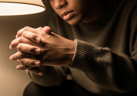 Clasped hands of a young adult illuminated by warm light in a dark setting. gesture symbolizes prayer, faith, hope, contemplation, sadness, and solitude.の素材