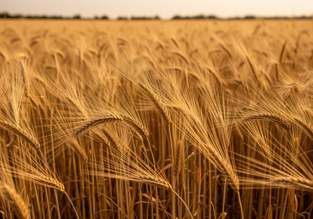 Close up view of mature golden barley stalks and ears swaying in a vast agricultural field. the warm light emphasizes the readiness for harvest and food production.の素材
