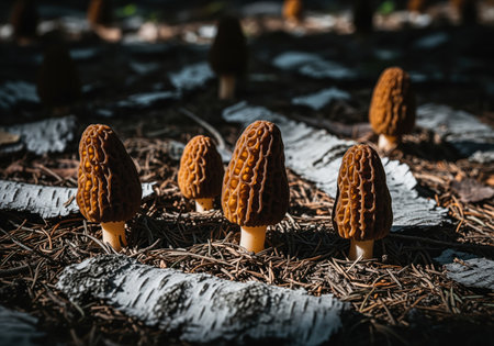 Cluster of edible morel mushrooms morchella emerging from the dark forest floor, surrounded by birch bark pieces and pine needles. captures the essence of spring foraging.の素材