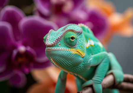 Vibrant blue green chameleon lizard captured in a detailed close up portrait, resting on a wooden branch. the background features blurred, vivid purple and orange tropical orchid flowers, emphasizing the reptile striking color and texture.の素材