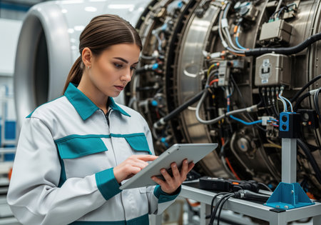 Aviation engineer in uniform performing maintenance and diagnostic checks on a large aircraft jet engine using a digital tablet. focus on technology, aerospace, and engineering.の素材