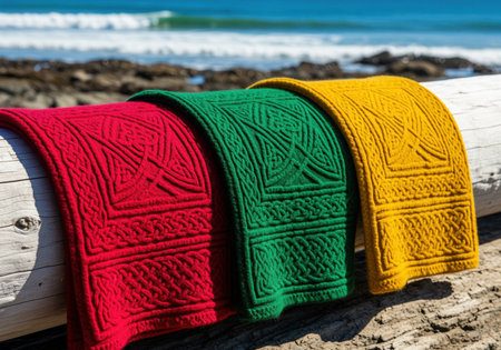 Vivid red, forest green, and mustard yellow heavy wool blankets featuring intricate celtic knot patterns draped over a piece of driftwood on a sunny, rocky beach with the ocean waves in the background.の素材