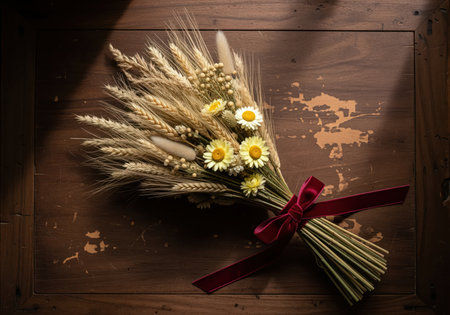 Dried wheat sheaves and pale yellow daisies arranged in a rustic bouquet, tied with a deep red velvet ribbon, resting on an old, distressed dark wood surface.の素材