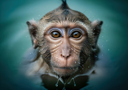 Wet macaque monkey face captured in an extreme close up portrait, emerging from the water. water droplets cling to the fur and skin, highlighting the intense gaze.の素材