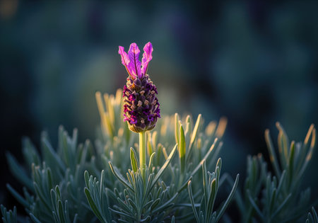 Single purple french lavender flower spike centered among silvery green foliage, dramatically backlit by golden sunlight against a dark, blurred background.の素材