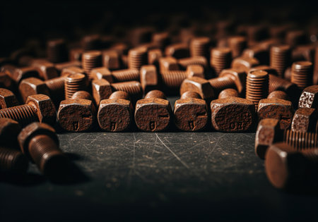 Heavy rusted iron bolts scattered randomly across a dark, scratched industrial surface. macro view emphasizing texture, corrosion, decay, and mechanical engineering.の素材