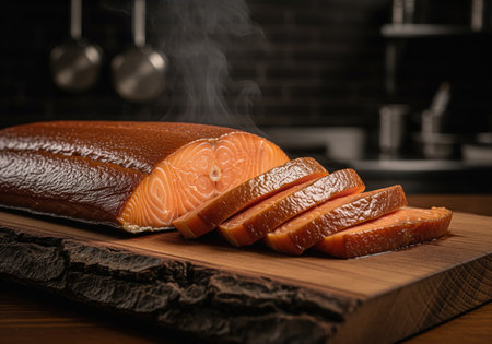 Freshly sliced smoked salmon fillet resting on a rustic wooden cutting board, highlighted by steam in a dark, atmospheric kitchen setting. gourmet food preparation concept.の素材
