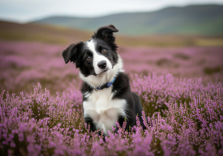 Black and white border collie puppy sitting outdoors in a vast field of blooming purple heather, tilting its head with a curious and playful expression. natural landscape background.の素材