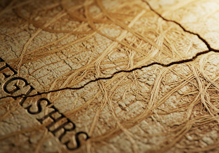 Ancient, weathered parchment texture featuring deep cracks and intricate patterns of interwoven fibrous roots. symbolic of history, decay, and forgotten knowledge.の素材