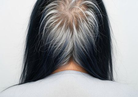 Long black hair of a woman revealing prominent gray roots and visible scalp, indicating the need for hair coloring or maintenance due to aging.の素材