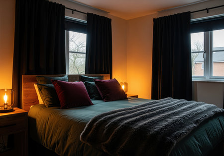 Dark and intimate bedroom interior featuring a large bed with deep forest green linen sheets, plush burgundy pillows, and a cozy faux fur throw blanket. warm ambient light from modern bedside lamps creates a relaxing atmosphere.の素材