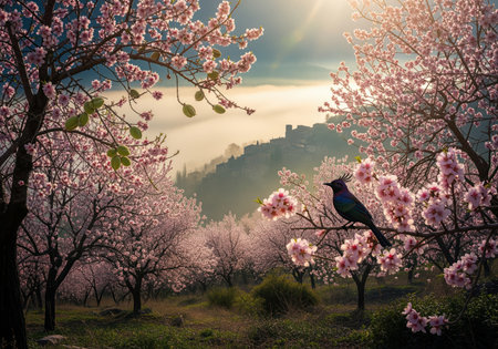 Almond trees covered in pink blossoms frame a view of a distant village nestled in a foggy valley, illuminated by golden sunrise light. a mystical bird perches on a branch, symbolizing spring and natural beauty.の素材