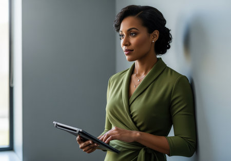 Confident professional woman wearing an elegant green dress, holding a digital tablet while standing against a muted grey wall in a contemporary office.の素材
