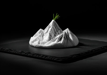 White paper napkin skillfully folded to resemble a snow capped mountain range, featuring a green rosemary sprig on the highest peak. dramatic black background and dark slate surface emphasize contrast and texture.の素材