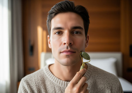 Young man performing a facial massage using a jade roller on his cheek. focus on male grooming, beauty, self care, and wellness routine.の素材