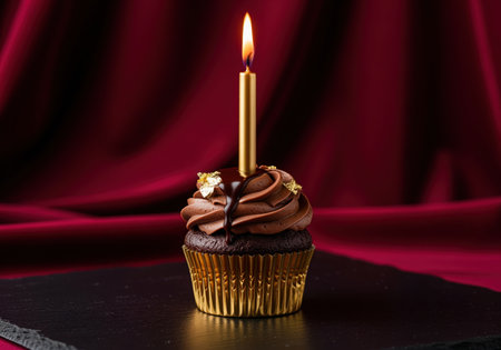 Elegant dark chocolate cupcake topped with rich mocha frosting, gold flakes, and a lit golden birthday candle, set against a luxurious deep red velvet background.の素材