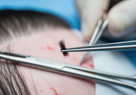 Hair follicle unit graft held by surgical forceps over the scalp during a hair restoration procedure. focus on medical precision and cosmetic surgery.の素材