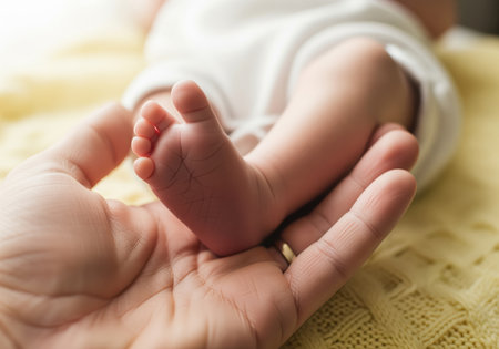 Close up captures an infant foot resting in a father hand, showcasing the bond and tenderness. the baby tiny foot is gently held, emphasizing care and love.の素材