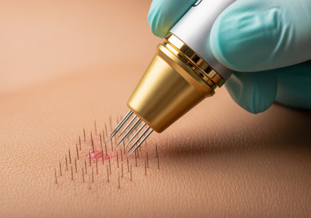 Microneedling procedure using a professional device with multiple fine needles penetrating the skin surface for scar revision and collagen induction therapy. focus on the gold tipped tool held by a gloved hand.の素材