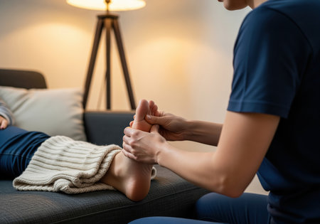 Close up of a therapist performing reflexology on a client foot while they rest comfortably on a couch at home. emphasizes relaxation, care, and spa treatment.の素材