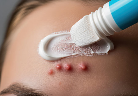 White acne treatment cream applied from a tube directly onto three inflamed red pimples on the forehead skin. focus on dermatology, skincare, and beauty issues.の素材