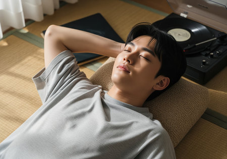 Young asian man resting comfortably on a woven mat, eyes closed, enjoying quiet time and listening to music from a vinyl record player in a sunlit room.の素材