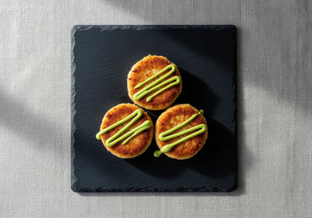 Crispy, golden brown crab cakes topped with a bright green drizzle of sauce, presented dramatically on a square black slate serving board. gourmet appetizer or seafood dish, top view.の素材