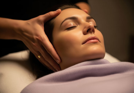 Calm woman lying down with eyes closed receiving gentle cranial sacral therapy or facial massage from a practitioner, focus on relaxation, wellness, and self care.の素材