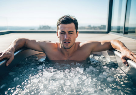 Muscular athlete immersed shoulder deep in a cold ice bath tub on a sunny rooftop, enduring cryotherapy for muscle recovery and wellness.の素材