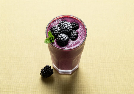 Blackberry smoothie served in a glass, garnished with fresh blackberries dusted with powdered sugar and a mint leaf on a light yellow textured surface. refreshing healthy drink concept.の素材