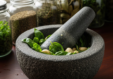 Granite mortar and pestle filled with fresh green basil leaves and white pine nuts, ready for grinding ingredients to make homemade pesto sauce.の素材
