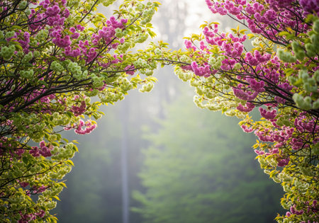 Vibrant pink and light green spring blossoms forming a natural archway. soft focus background of a misty forest path creating a serene and tranquil scene.の素材