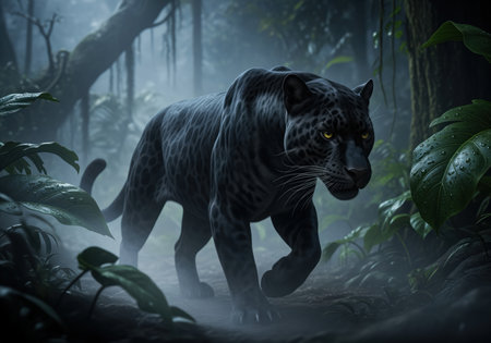 A sleek black panther stalks through the dense, misty tropical jungle. its yellow eyes glow in the darkness, emphasizing the wild, mysterious atmosphere of the rainforest.の素材