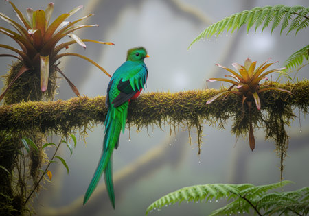 Resplendent quetzal, a vibrant green bird with a long tail, perched on a thick, moss covered branch among bromeliads and ferns in a foggy, humid cloud forest environment.の素材