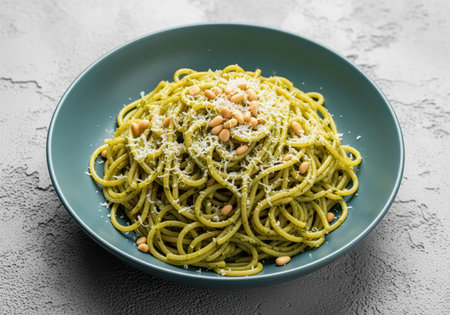 Spaghetti pasta tossed in vibrant green pesto sauce, topped with grated parmesan cheese and toasted pine nuts, served in a teal bowl on a textured gray surface.の素材