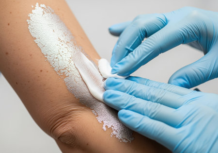 Medical professional in blue gloves applying white cream to chronic silvery psoriasis plaques on the arm near the elbow joint. demonstrates topical treatment for severe skin disease.の素材