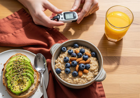 Hands holding a glucose meter device above a wooden table set with a healthy breakfast, oatmeal with blueberries and almonds, avocado toast, and orange juice. focus on diabetes management and healthy lifestyle choices.の素材