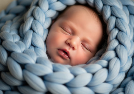 Newborn baby boy sleeping peacefully, swaddled tightly in a thick, light blue chunky knitted wool blanket. close up studio portrait emphasizing infancy, tenderness, and comfort.の素材