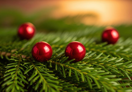 Glossy red christmas balls resting on vibrant green fir tree branches, captured in a festive macro close up with a warm, soft bokeh background. perfect for holiday greetings and seasonal designs.の素材