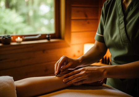 Professional spa therapist applying essential oil to a client forearm in a dimly lit, cozy wooden room. focus on aromatherapy, massage, and holistic wellness.の素材