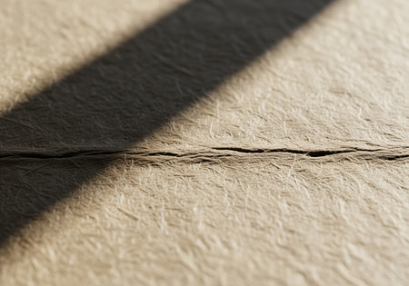 Coarse beige fibrous paper texture captured in a macro view, featuring a deep horizontal crack and a sharp diagonal shadow. ideal for abstract backgrounds or material concepts.の素材